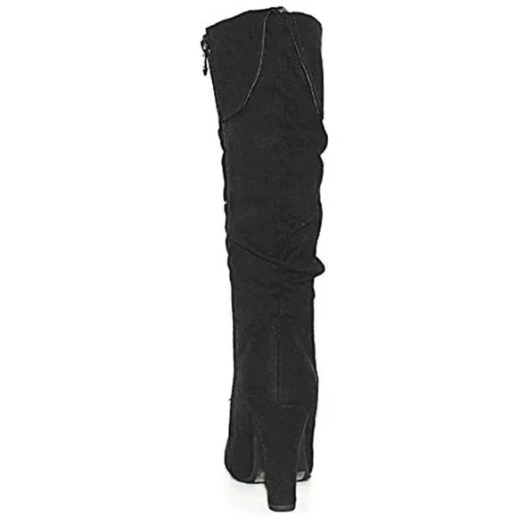 Women's Fold-Over Shaft Slouch Knee-High Suede Boots | Side Zip | Slim Heel - Picture 9 of 9